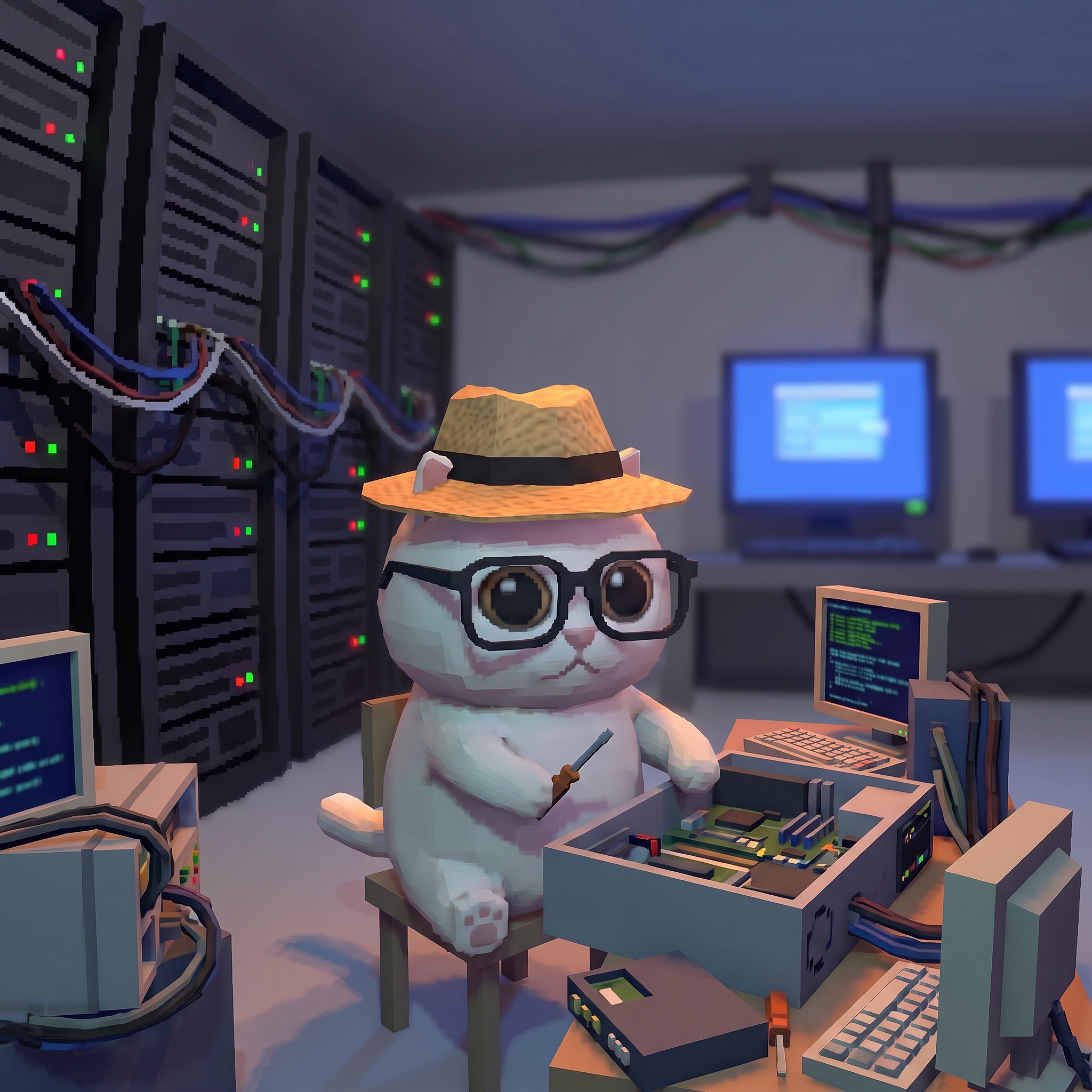 Compute Cat repairing a computer inside its cool blue low-poly datacenter